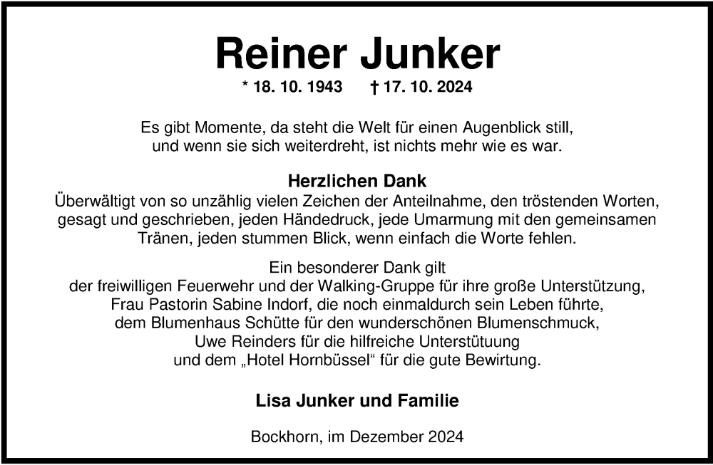  Traueranzeige für Reiner Junker vom 13.12.2024 aus Nordwest-Zeitung