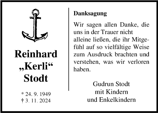 Traueranzeige von Reinhard Stodt von WZ/JW/AH