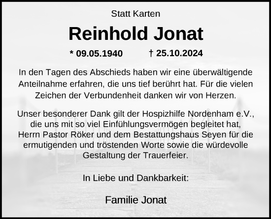 Traueranzeige von Reinhold Jonat von Nordwest-Zeitung