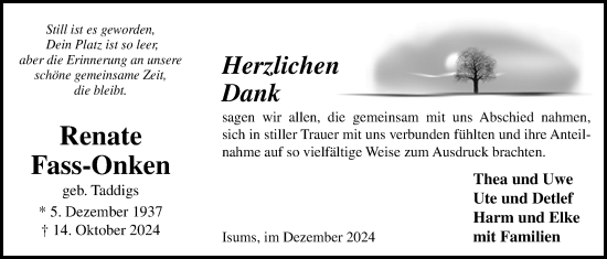 Traueranzeige von Renate Fass-Onken von WZ/JW/AH