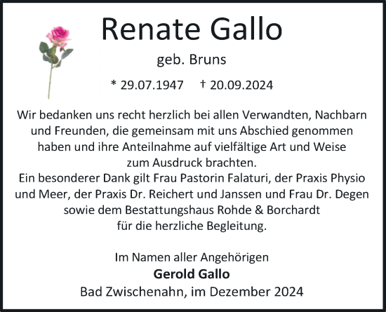 Traueranzeige von Renate Gallo von Nordwest-Zeitung