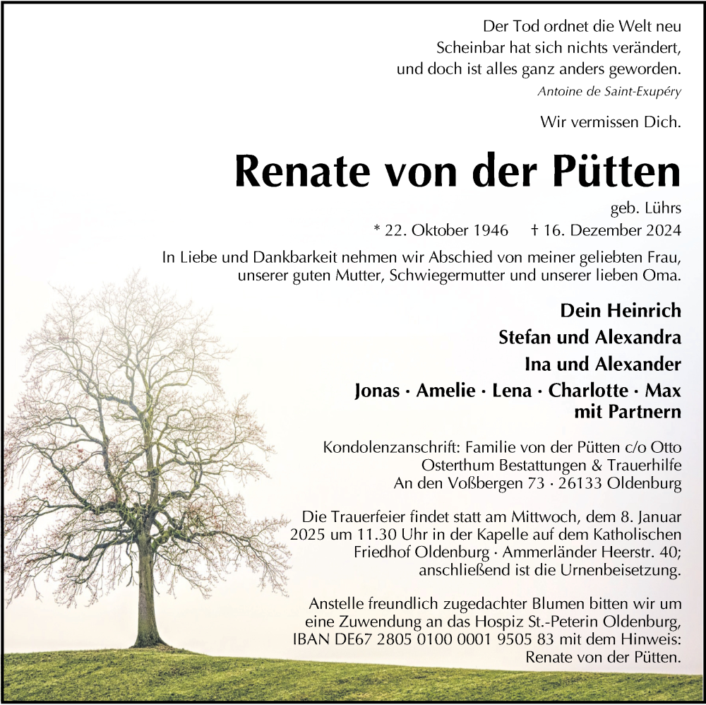  Traueranzeige für Renate von der Pütten vom 28.12.2024 aus Nordwest-Zeitung