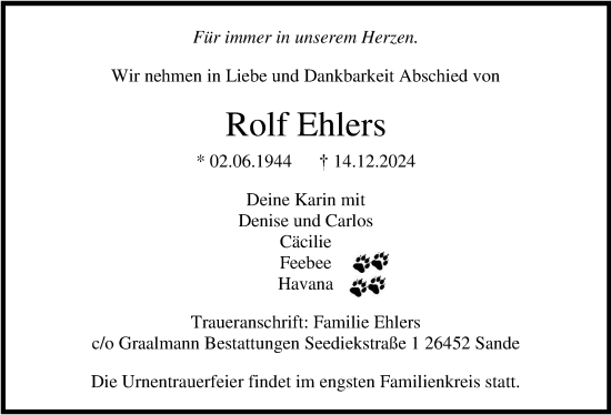 Traueranzeige von Rolf Ehlers von WZ/JW/AH