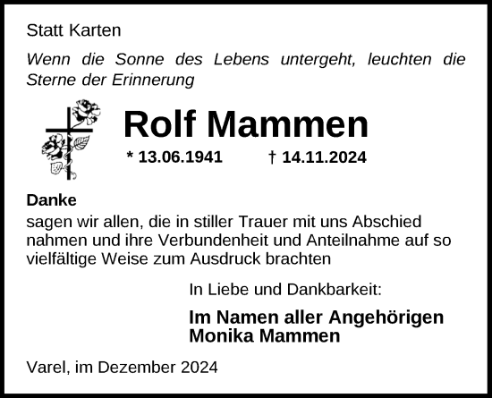 Traueranzeige von Rolf Mammen von Nordwest-Zeitung