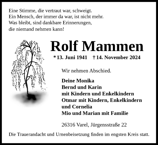 Traueranzeige von Rolf Mammen von Nordwest-Zeitung