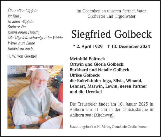 Traueranzeige von Siegfried Golbeck von Nordwest-Zeitung