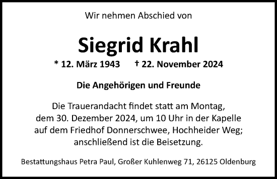 Traueranzeige von Siegrid Krahl von Nordwest-Zeitung