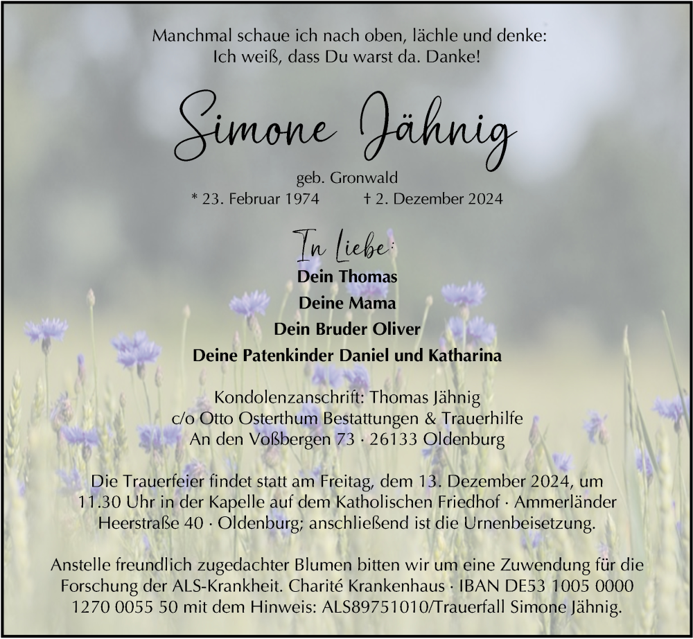  Traueranzeige für Simone Jähnig vom 06.12.2024 aus Nordwest-Zeitung