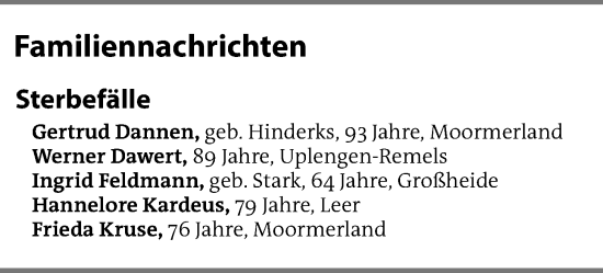 Traueranzeige von Sterbetafel vom 12.12.2024 von Emder Zeitung