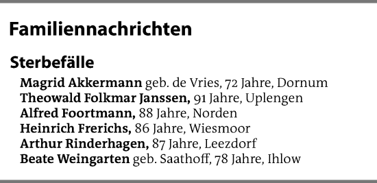 Traueranzeige von Sterbetafel vom 18.12.2024 von Emder Zeitung