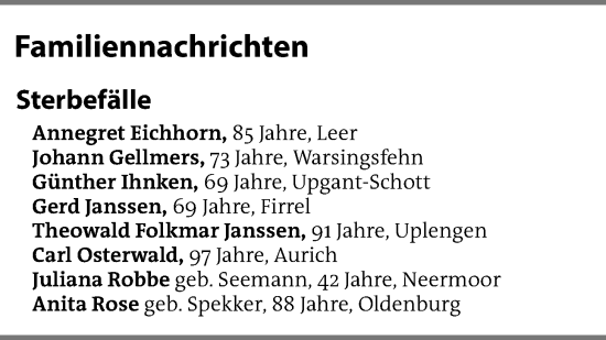 Traueranzeige von Sterbetafel vom 19.12.2024 von Emder Zeitung