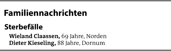 Traueranzeige von Sterbetafel vom 21.12.2024 von Emder Zeitung