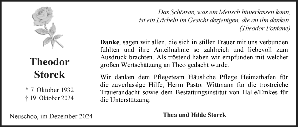  Traueranzeige für Theodor Storck vom 04.12.2024 aus WZ/JW/AH