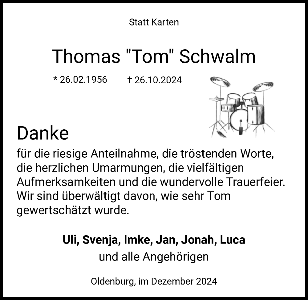  Traueranzeige für Thomas Schwalm vom 14.12.2024 aus Nordwest-Zeitung