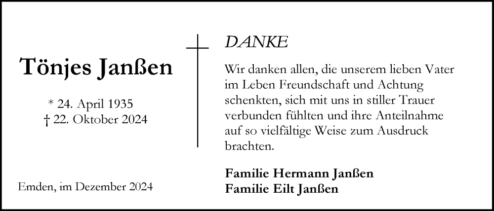  Traueranzeige für Tönjes Janßen vom 05.12.2024 aus Emder Zeitung