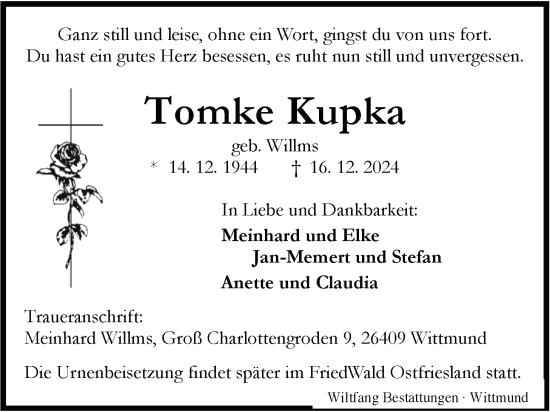 Traueranzeige von Tomke Kupka von WZ/JW/AH