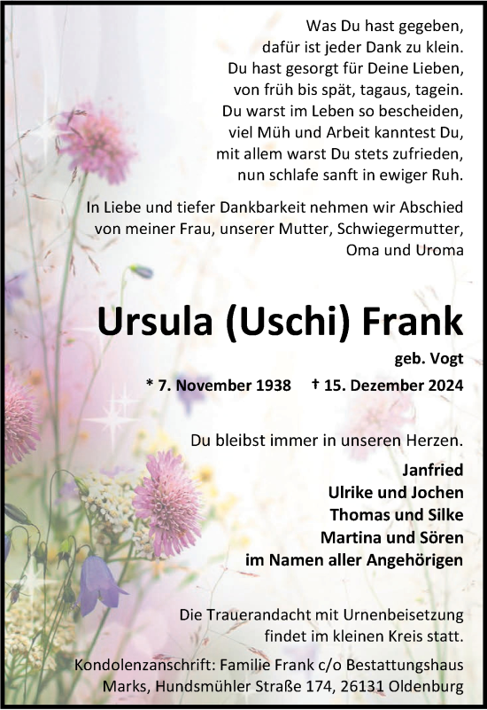 Traueranzeige von Ursula Frank von Nordwest-Zeitung