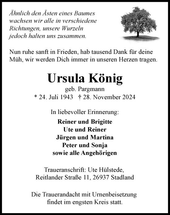 Traueranzeige von Ursula König von Nordwest-Zeitung