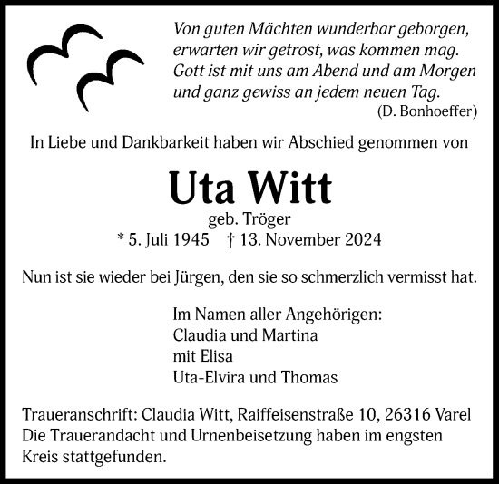 Traueranzeige von Uta Witt von Nordwest-Zeitung