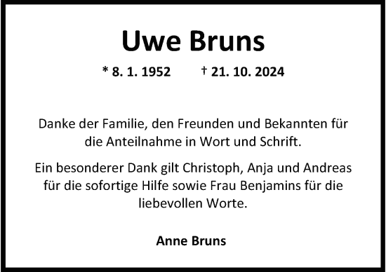 Traueranzeige von Uwe Bruns von WZ/JW/AH
