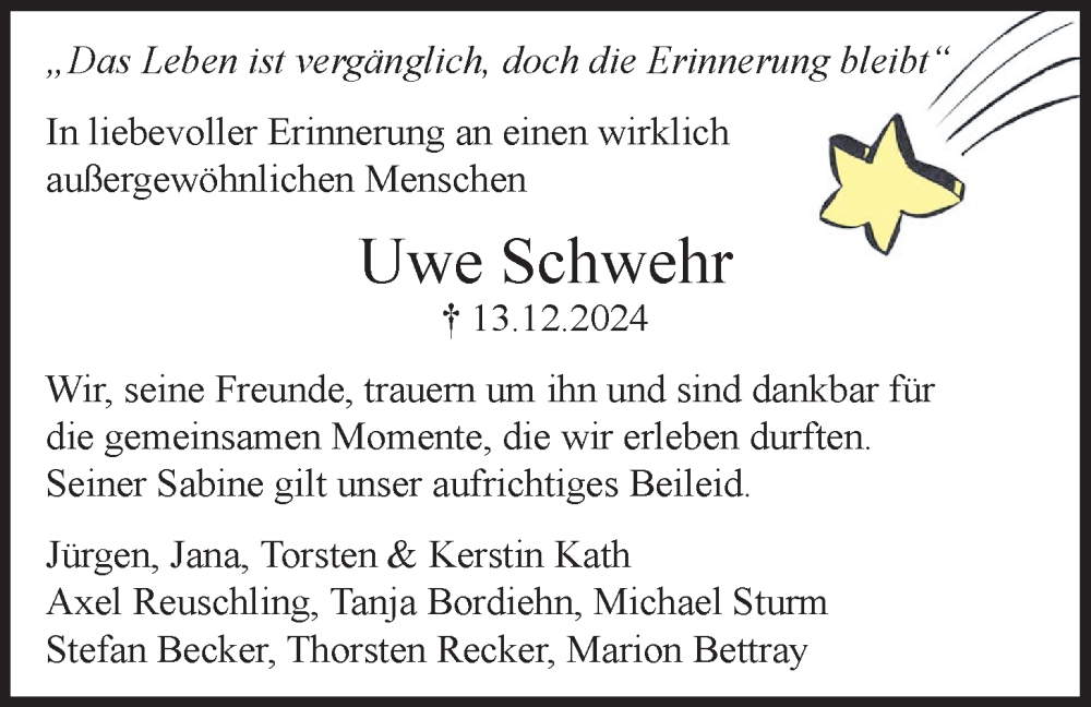  Traueranzeige für Uwe Schwehr vom 21.12.2024 aus WZ/JW/AH