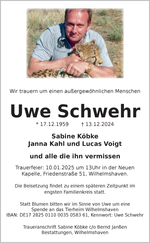  Traueranzeige für Uwe Schwehr vom 21.12.2024 aus WZ/JW/AH