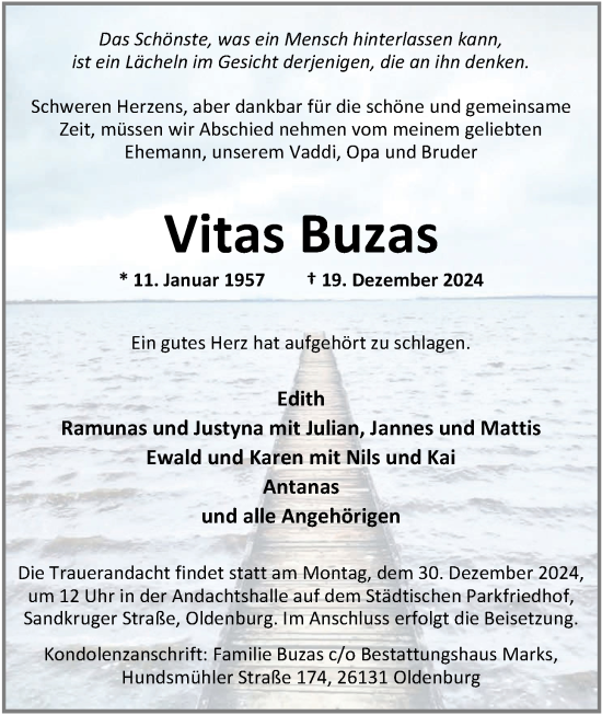 Traueranzeige von Vitas Buzas von Nordwest-Zeitung