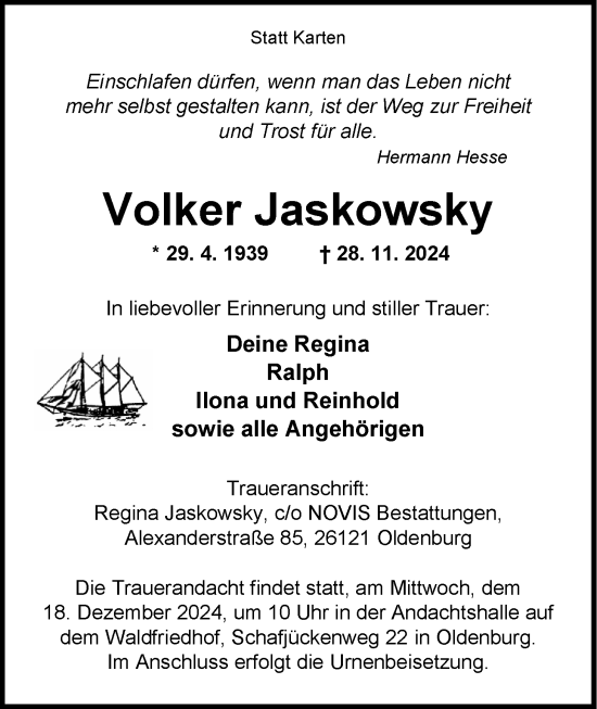 Traueranzeige von Volker Jaskowsky von Nordwest-Zeitung