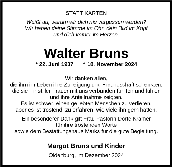 Traueranzeige von Walter Bruns von Nordwest-Zeitung