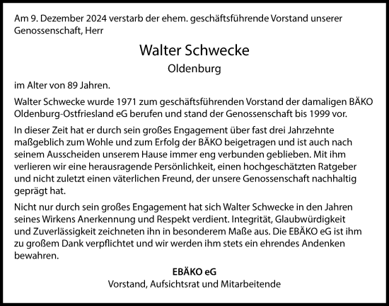 Traueranzeige von Walter Schwecke von Nordwest-Zeitung