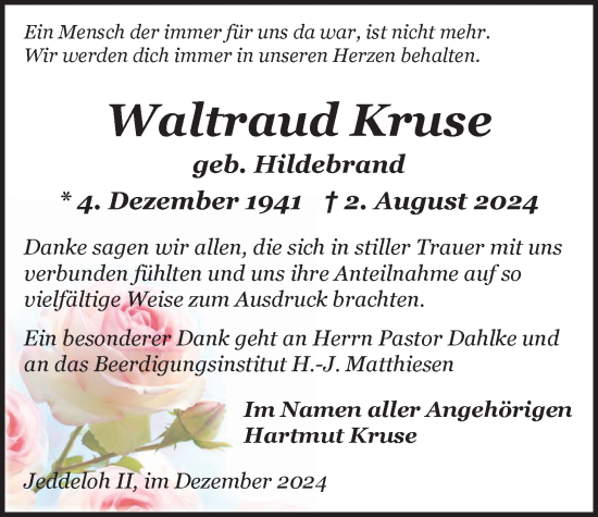 Traueranzeige von Waltraud Kruse von Nordwest-Zeitung