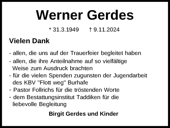 Traueranzeige von Werner Gerdes von WZ/JW/AH