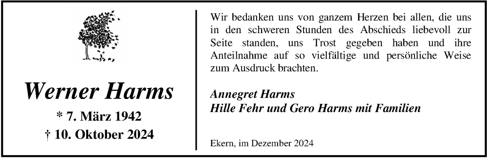  Traueranzeige für Werner Harms vom 06.12.2024 aus Nordwest-Zeitung