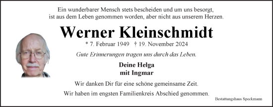 Traueranzeige von Werner Kleinschmidt von Nordwest-Zeitung