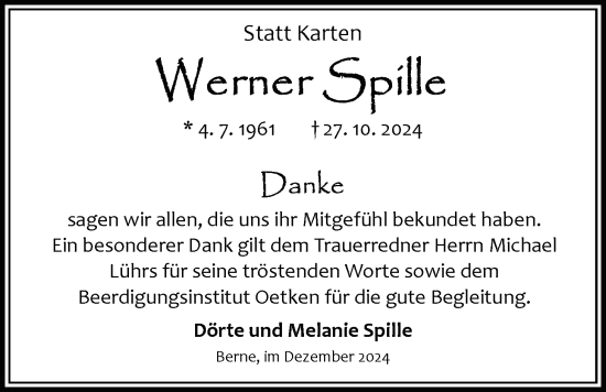 Traueranzeige von Werner Spille von Nordwest-Zeitung