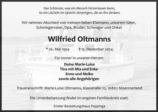 Traueranzeige von Wilfried Oltmanns von Emder Zeitung