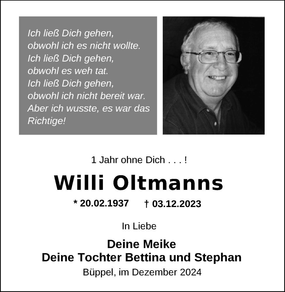  Traueranzeige für Willi Oltmanns vom 03.12.2024 aus Nordwest-Zeitung