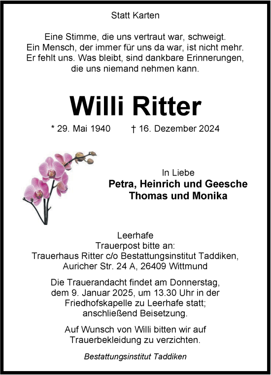 Traueranzeige von Willi Ritter von WZ/JW/AH