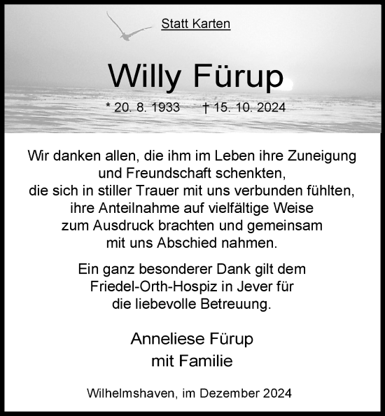 Traueranzeige von Willy Fürup von Nordwest-Zeitung