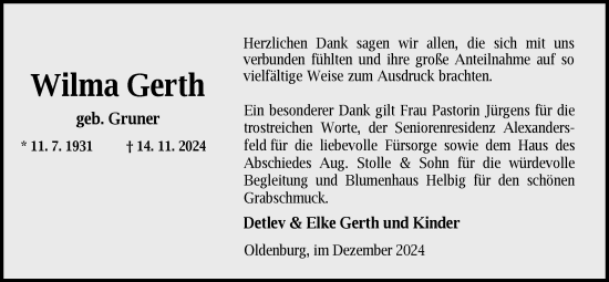 Traueranzeige von Wilma Gerth von Nordwest-Zeitung