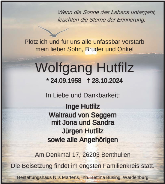 Traueranzeige von Wolfgang Hutfilz von Nordwest-Zeitung
