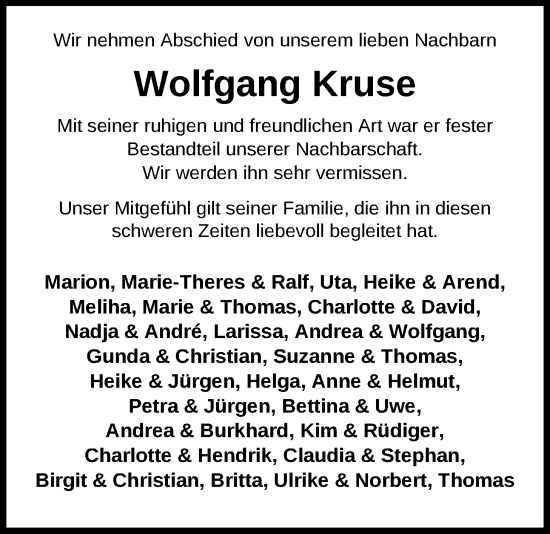 Traueranzeige von Wolfgang Kruse von Nordwest-Zeitung