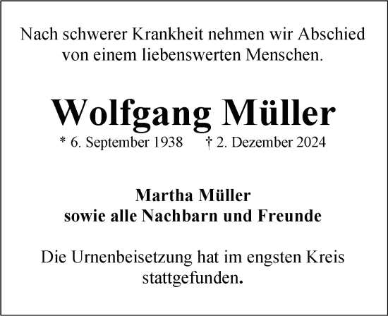 Traueranzeige von Wolfgang Müller von Nordwest-Zeitung