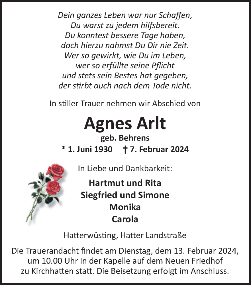  Traueranzeige für Agnes Arlt vom 09.02.2024 aus Nordwest-Zeitung
