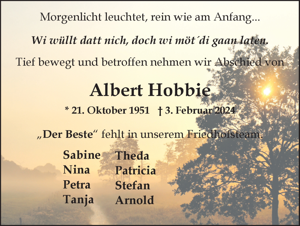  Traueranzeige für Albert Hobbie vom 07.02.2024 aus Nordwest-Zeitung