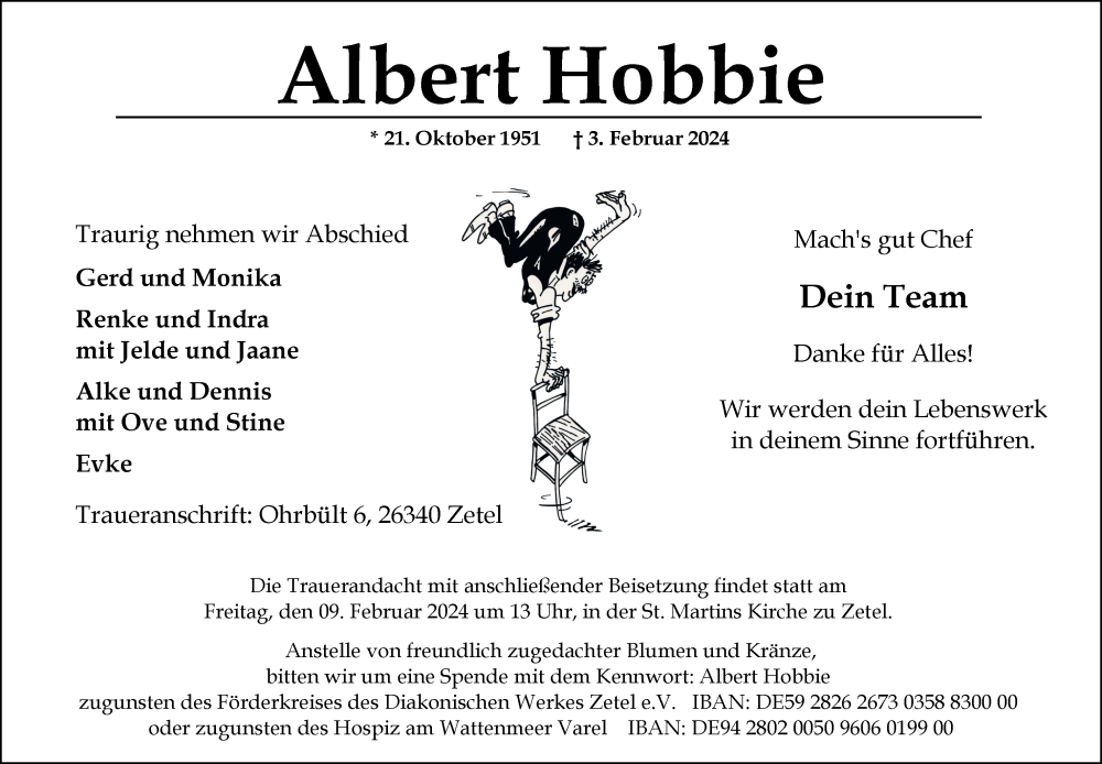  Traueranzeige für Albert Hobbie vom 07.02.2024 aus Nordwest-Zeitung