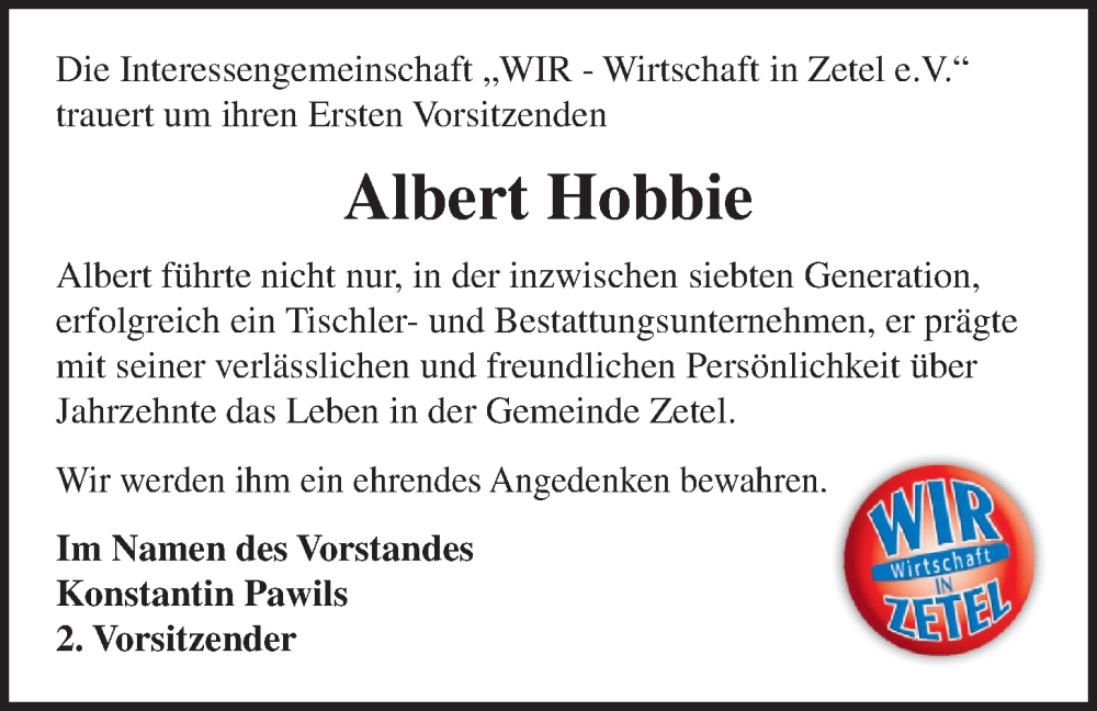  Traueranzeige für Albert Hobbie vom 07.02.2024 aus Nordwest-Zeitung