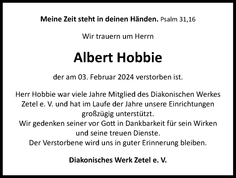  Traueranzeige für Albert Hobbie vom 10.02.2024 aus Nordwest-Zeitung