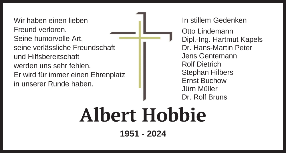  Traueranzeige für Albert Hobbie vom 07.02.2024 aus Nordwest-Zeitung