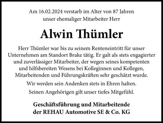 Traueranzeige von Alwin Thümler von Nordwest-Zeitung